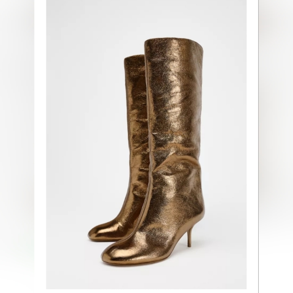Zara Gold Metallic  Knee-High  Boots Sz 8